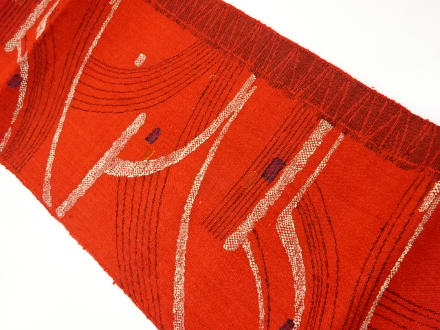 リサイクル　手織り真綿紬曲線に四角模様織出し名古屋帯